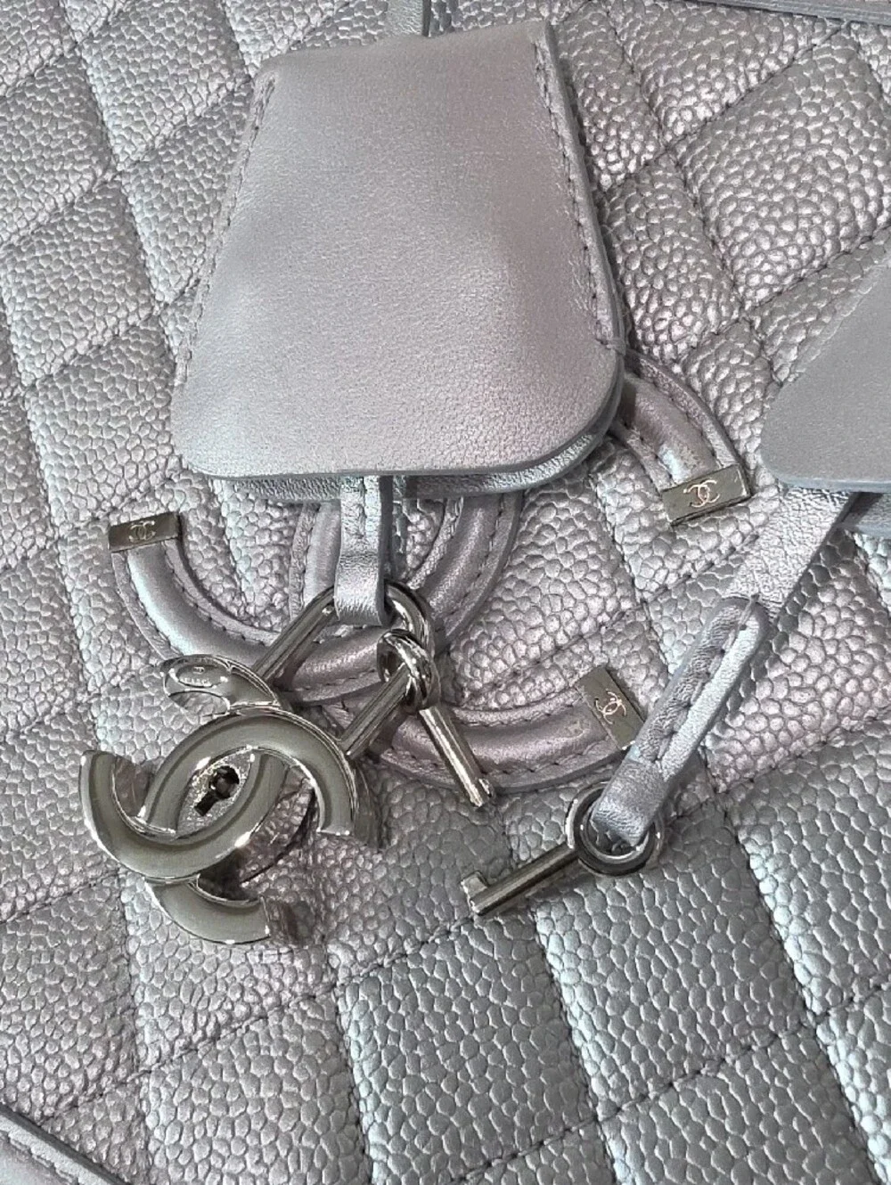 CHANEL Silver Quilted Vanity-Style Large Camera Shoulder Bag